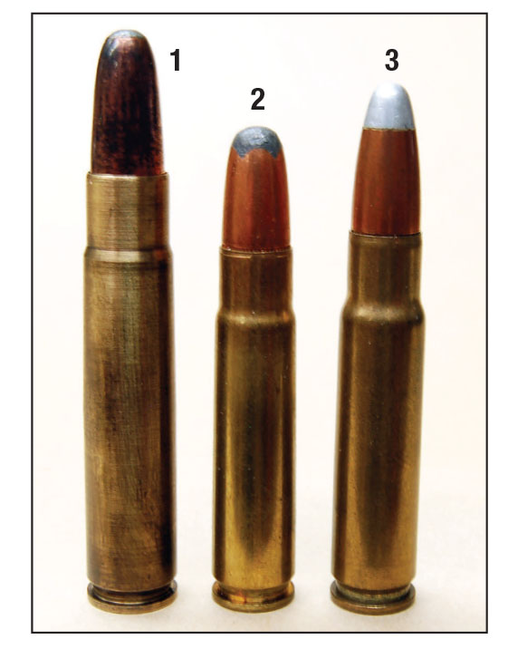 The 9.5x56mm M-S (1) is compared to a lesser-powered 35 Remington (2) and greater powered .358 Winchester (3). The .358 Winchester is loaded to a higher pressure than the 9.5x56mm.
